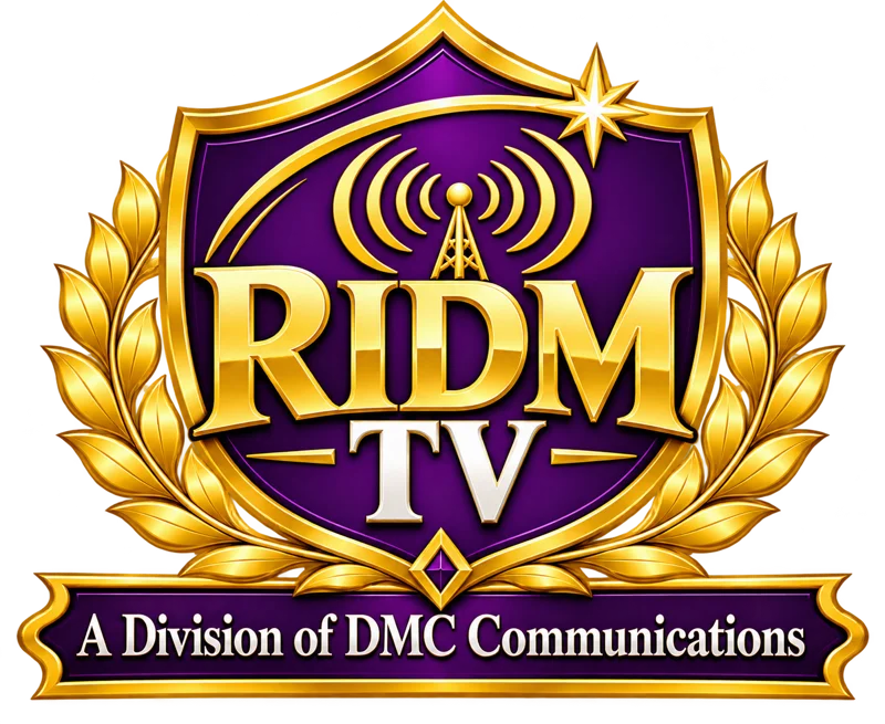 RIDM TV purple and gold crest — A Division of DMC Communications