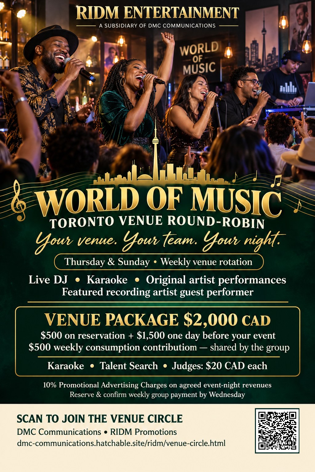 RIDM World of Music Toronto venue round-robin flyer: singers, DJ and audience. Thursday and Sunday. Venue package CAD $2,000: $500 on reservation and $1,500 one day before the event. Weekly CAD $500 consumption shared by the group. Participant registration CAD $20. QR code opens the venue invitation.
