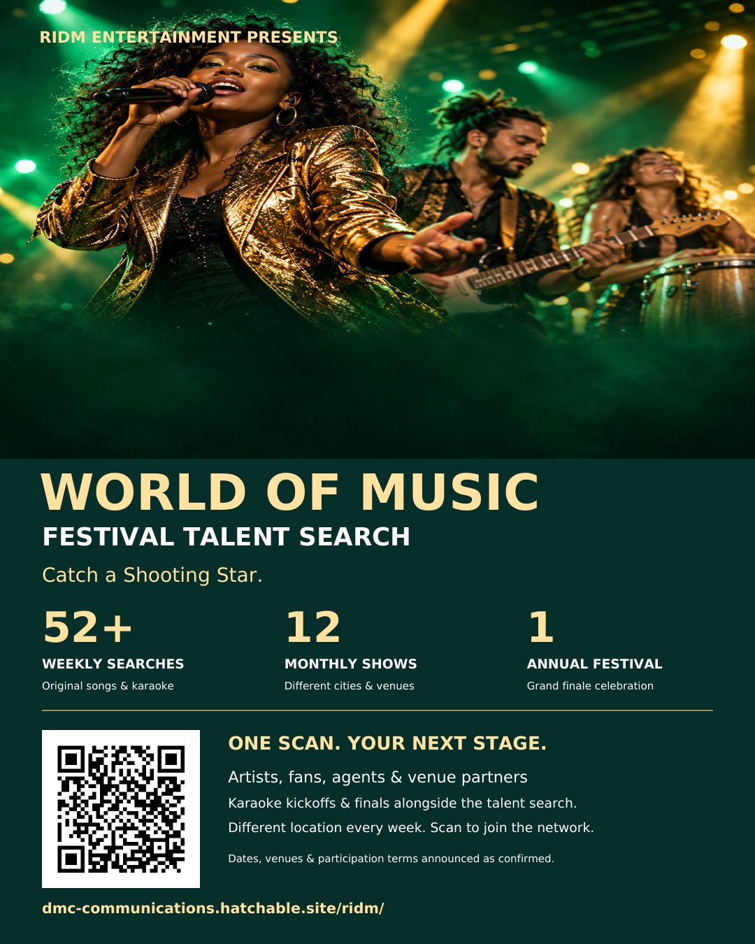 World of Music Festival Talent Search promotional flyer showing a singer and band. Weekly auditions and karaoke, 12 monthly shows and one annual festival. Catch a Shooting Star.
